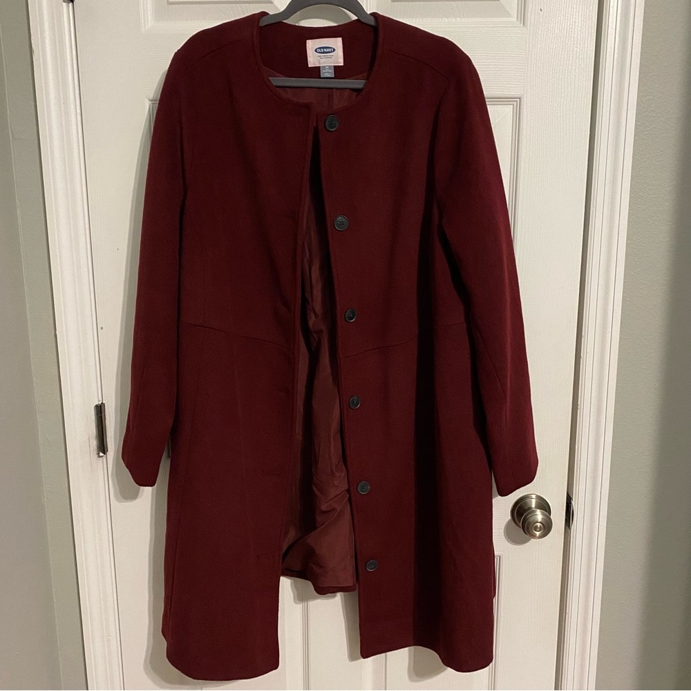 Old Navy Burgundy Collarless Mid-Length Peacoat Plus Size 3X